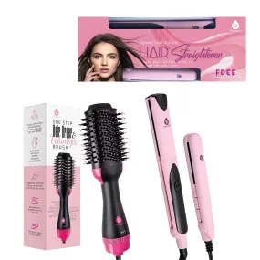 Hair Styling Power Bundle: One Step Hair Dryer & Volumizer Brush   Professional Salon Quality Flat Iron Hair Straightener With Free Travel Straightener