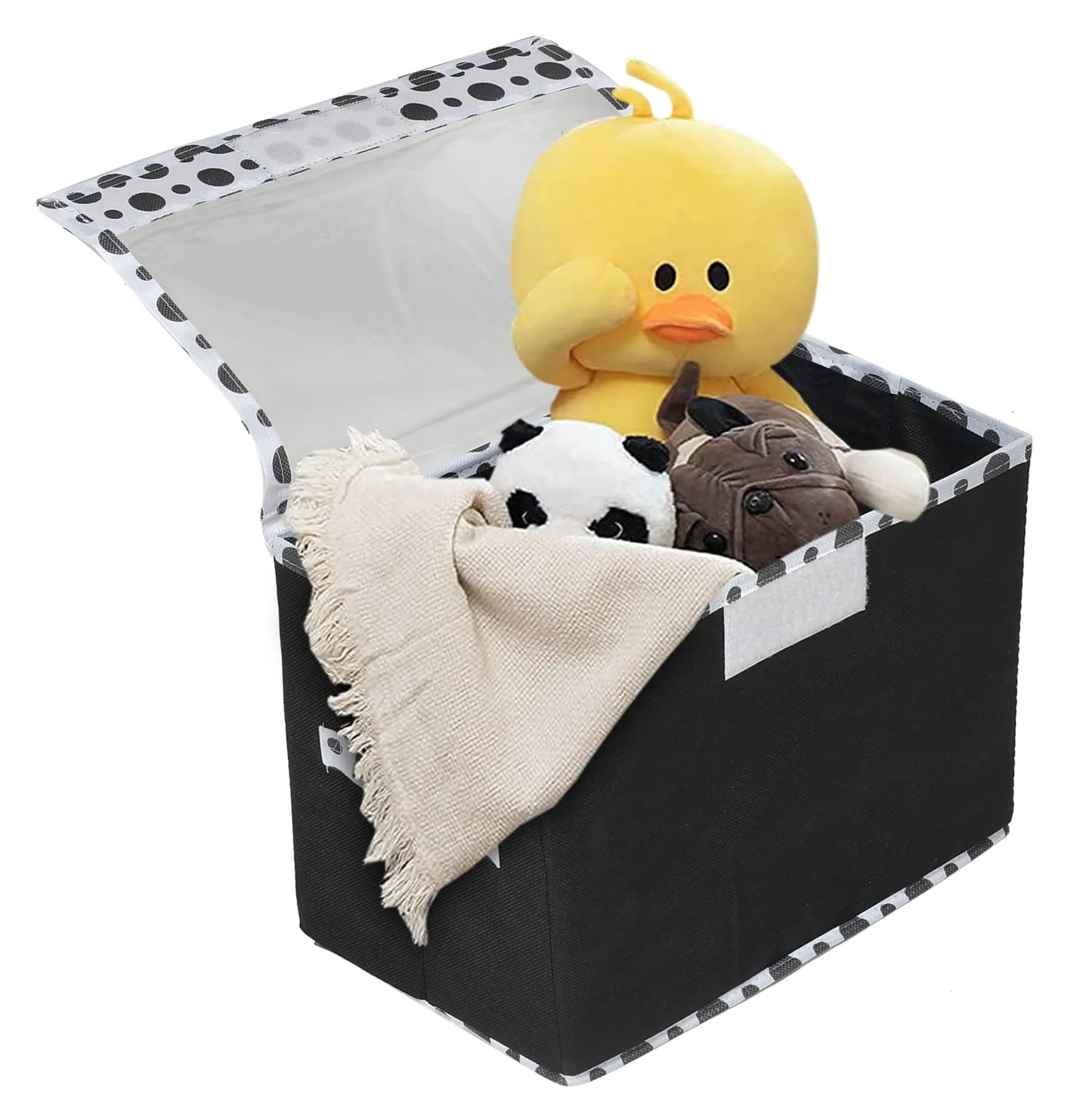 Heart Home Dot Printed Foldable Medium Non-Woven Storage Box/Bin For Books, Towels, Magazines, DVDs & More With Tranasparent Lid (Black) -44HH0416