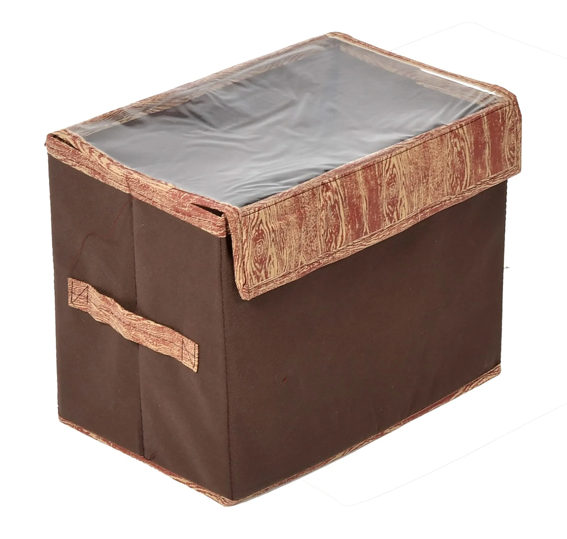 Heart Home Wooden Design Multiuses Large Non-Woven Storage Box/Organizer With Tranasparent Lid- Pack of 3 (Brown) -44HH0445