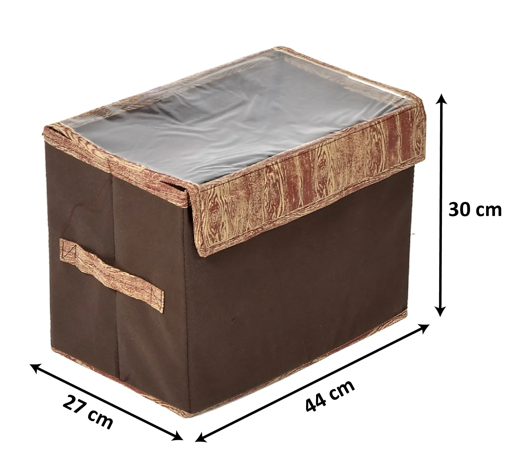 Heart Home Wooden Design Multiuses Large Non-Woven Storage Box/Organizer With Tranasparent Lid- Pack of 3 (Brown) -44HH0445