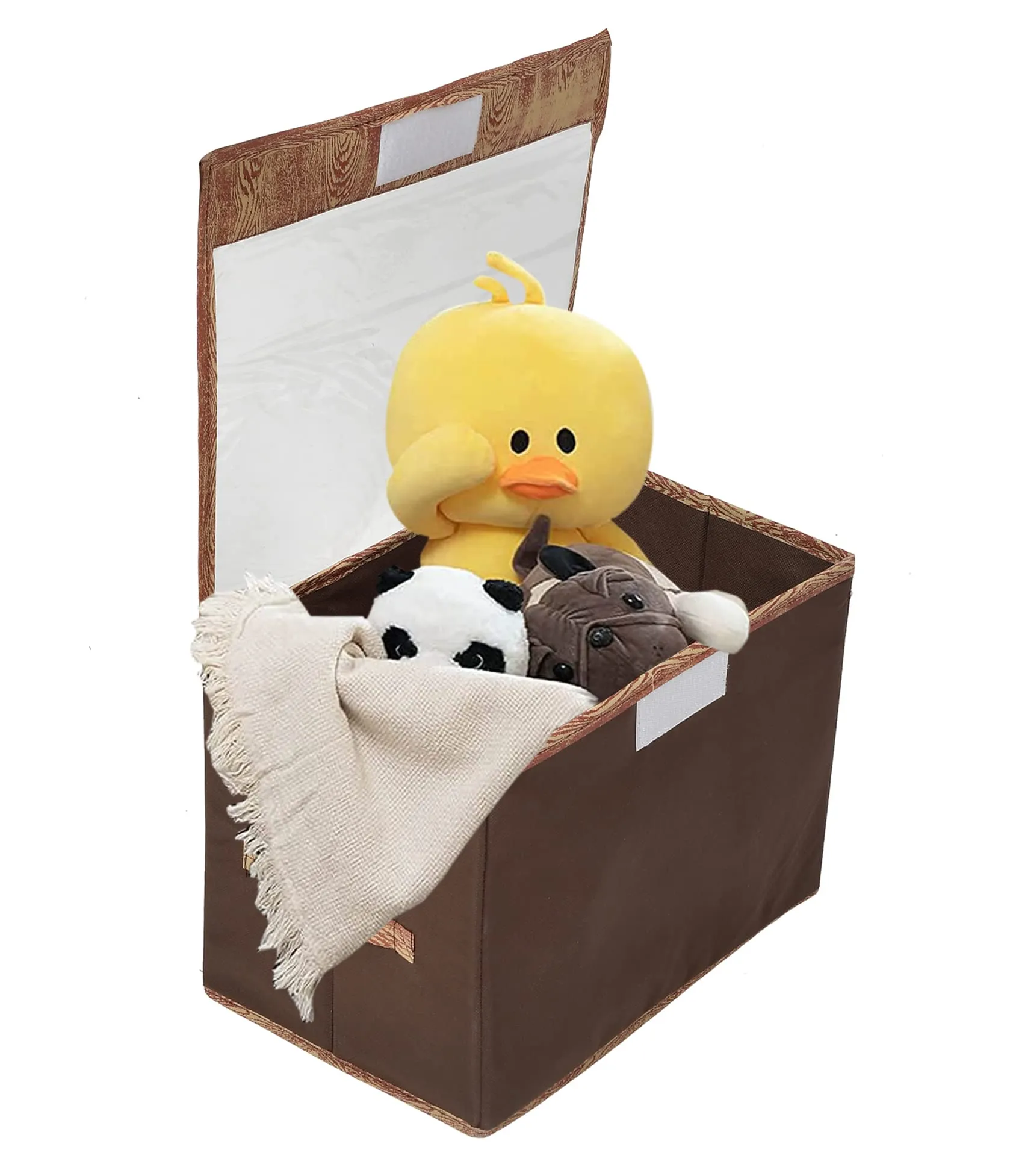 Heart Home Wooden Design Multiuses Large Non-Woven Storage Box/Organizer With Tranasparent Lid- Pack of 3 (Brown) -44HH0445