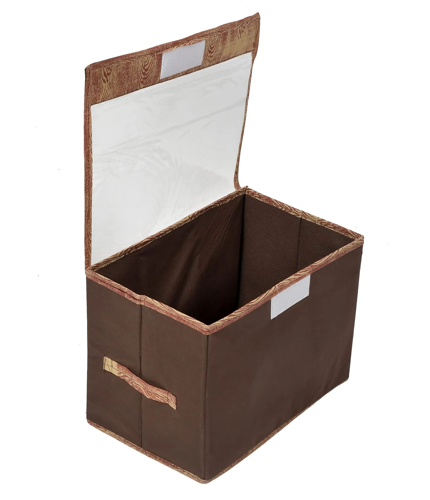 Heart Home Wooden Design Multiuses Large Non-Woven Storage Box/Organizer With Tranasparent Lid- Pack of 3 (Brown) -44HH0445