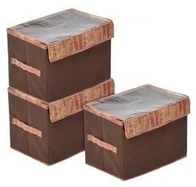 Heart Home Wooden Design Multiuses Large Non-Woven Storage Box/Organizer With Tranasparent Lid- Pack of 3 (Brown) -44HH0445