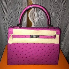 Hermès Kelly 25 Rose Pourpre Sellier Ostrich Palladium Hardware PHW