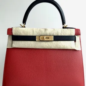 Hermès Kelly HSS 28 Rouge Casaque/Noir (Black) Sellier Chevre Mysore Brushed Gold Hardware BGHW