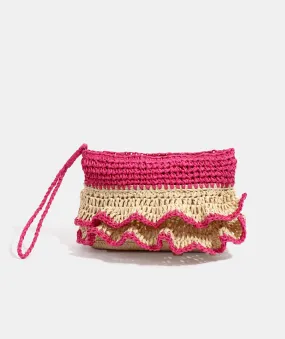 Hot Pink Ruffle Detail Straw Clutch Bag