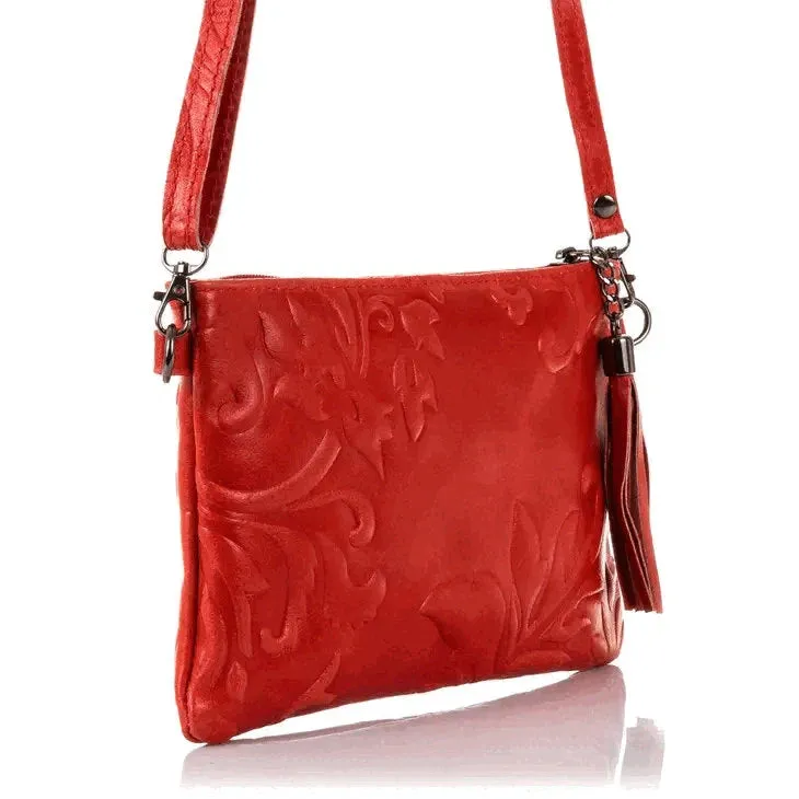 Italian Leather Suede Engraved Red Shoulder Bag