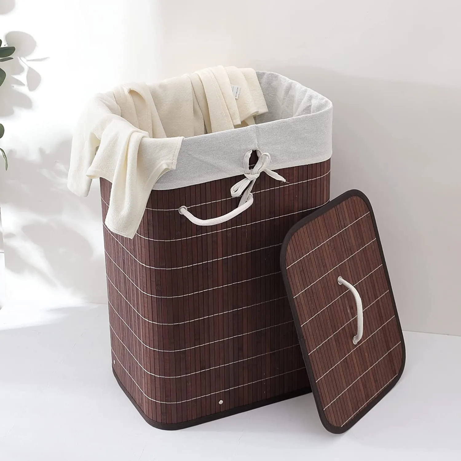 Kuber Industries Bamboo Basket With Lid|Foldable Laundry Basket For Clothes|Durable Rope Handles & Removable Bag|Dark Brown| (Pack Of 5)