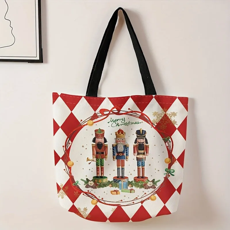 Large Capacity Linen Christmas Nutcracker Tote Bag - Women's Shoulder Bag with Woven Handles for Festive Casual Shopping Gift