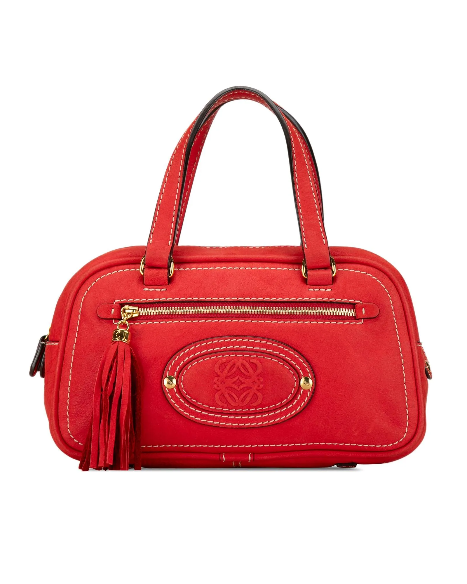 Leather Tassel Handbag with Zip Closure and Exterior Pocket