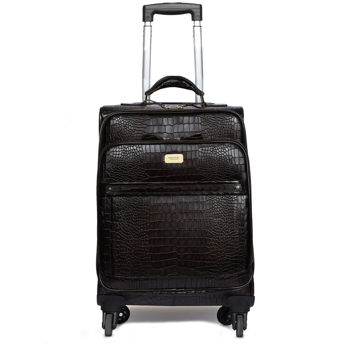 Luxuriously Deep Cut Croco Dark Brown Quad Wheel Cabin Luggage Leather Strolley Travel Bag by Brune & Bareskin