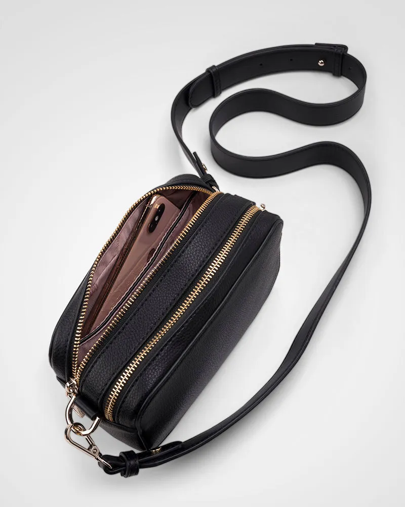 Maddie Double Zip Camera Crossbody Bag   Metallic Stripe Bag Strap