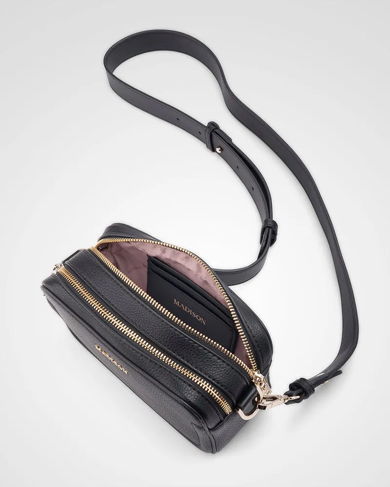 Maddie Double Zip Camera Crossbody Bag   Metallic Stripe Bag Strap