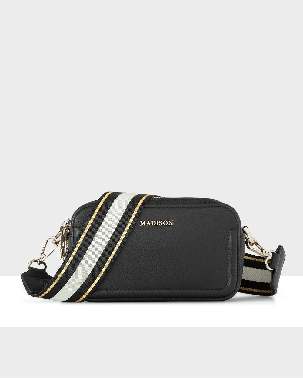 Maddie Double Zip Camera Crossbody Bag   Metallic Stripe Bag Strap