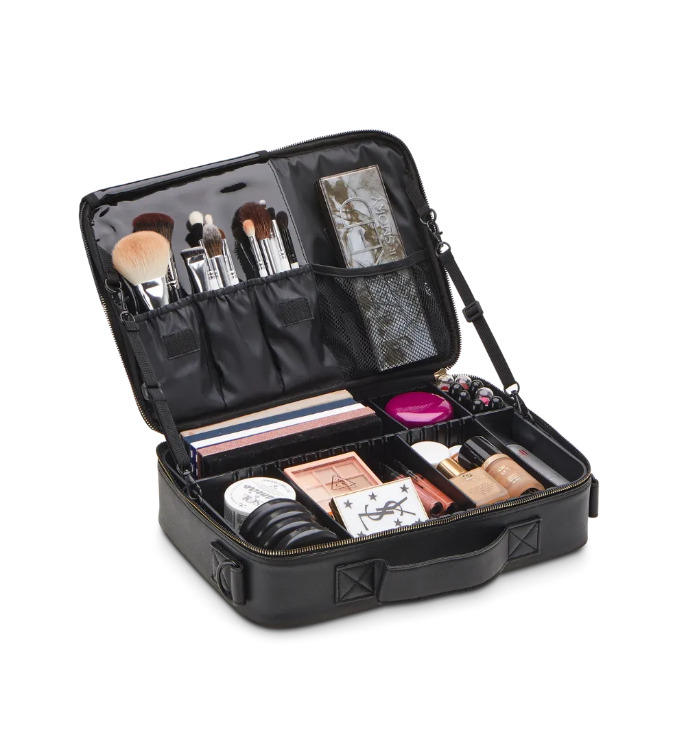 Medium Cosmetic Travel Case: Black Leather