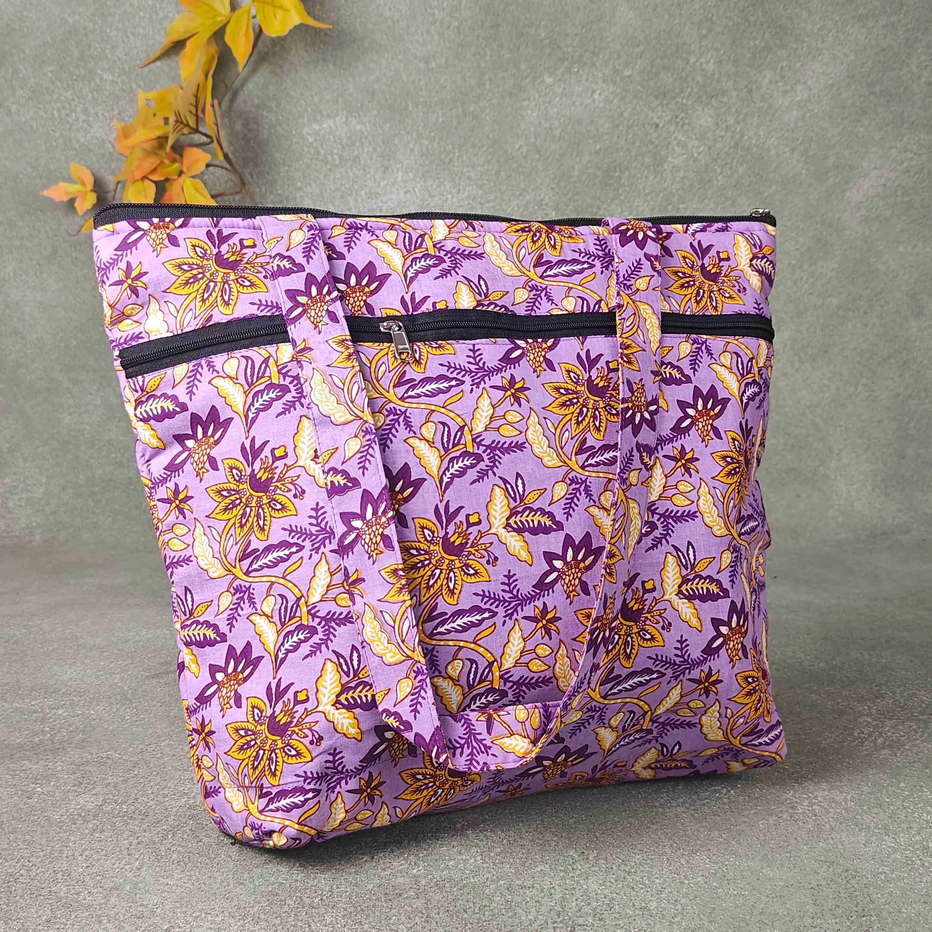 Medium Size Handbag Light Purple Colour with Yellow flower Printed Design