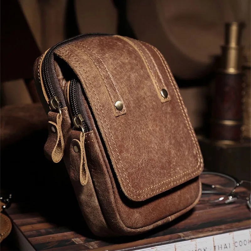 Men Matte Cowhide Waist Bag Multifunctional Large Capacity Vintage 6.3 Inch Phone