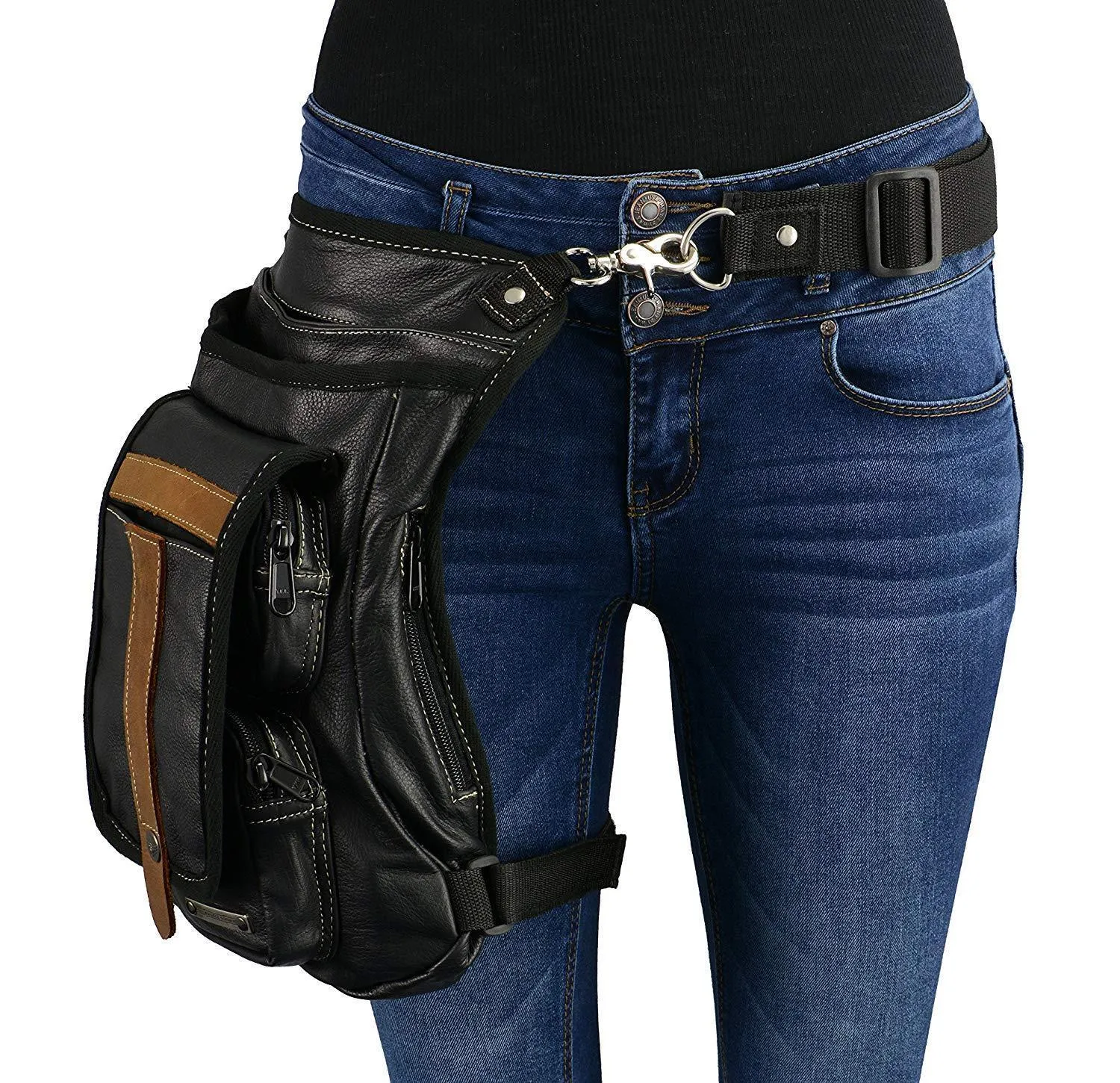 Milwaukee Leather MP8897 Black and Tan Conceal and Carry Leather Thigh Bag with Waist Belt