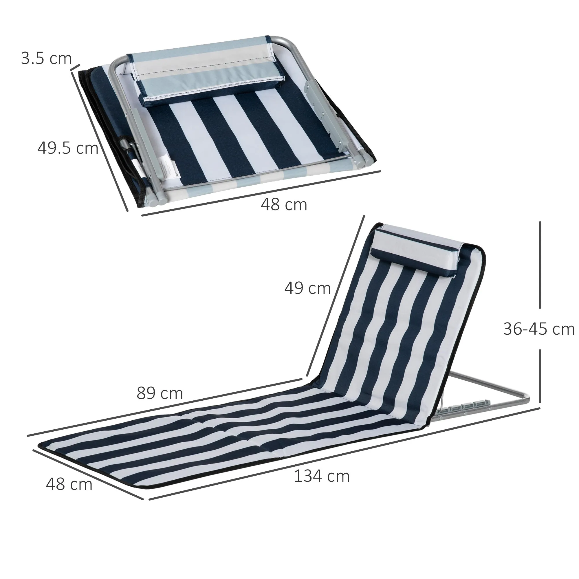 Outsunny 2 Pieces Outdoor Beach Mat Steel Reclining Chair Set w/ Pillow Blue