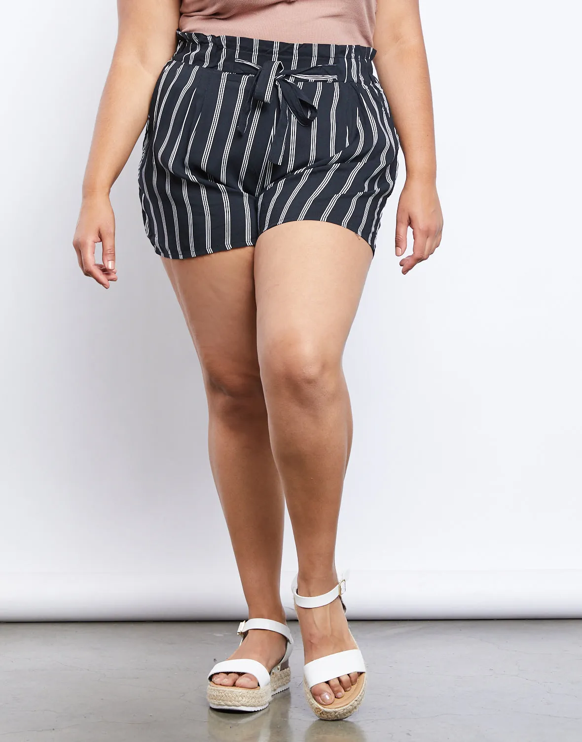 Plus Size Striped Paper Bag Shorts