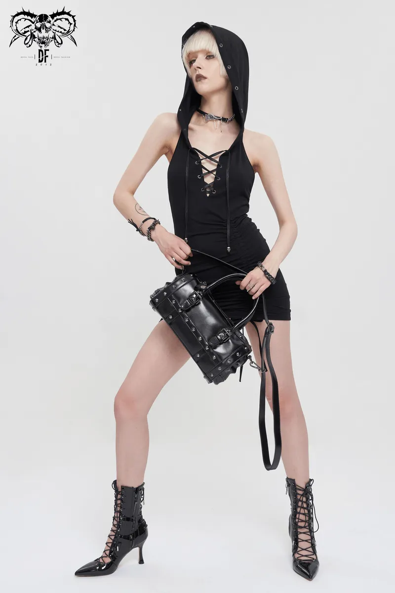 Punk Skull Rivets PU Leather Bag / Gothic Black Handbag with Detachable Shoulder Strap