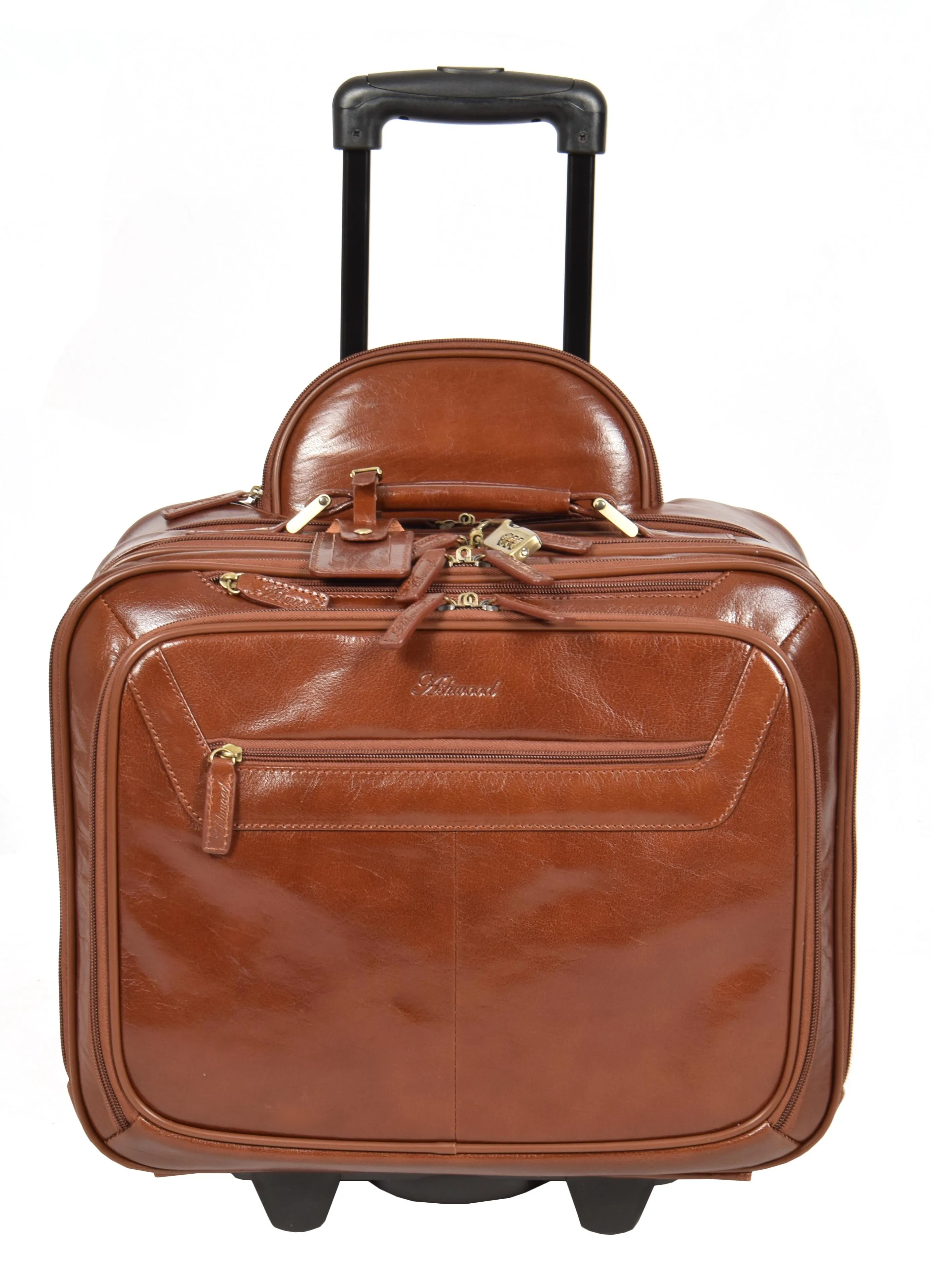 Real Leather Pilot Case Trolley Bag Laptop Business Travel Weekend Cabin Bag AL1 Chestnut