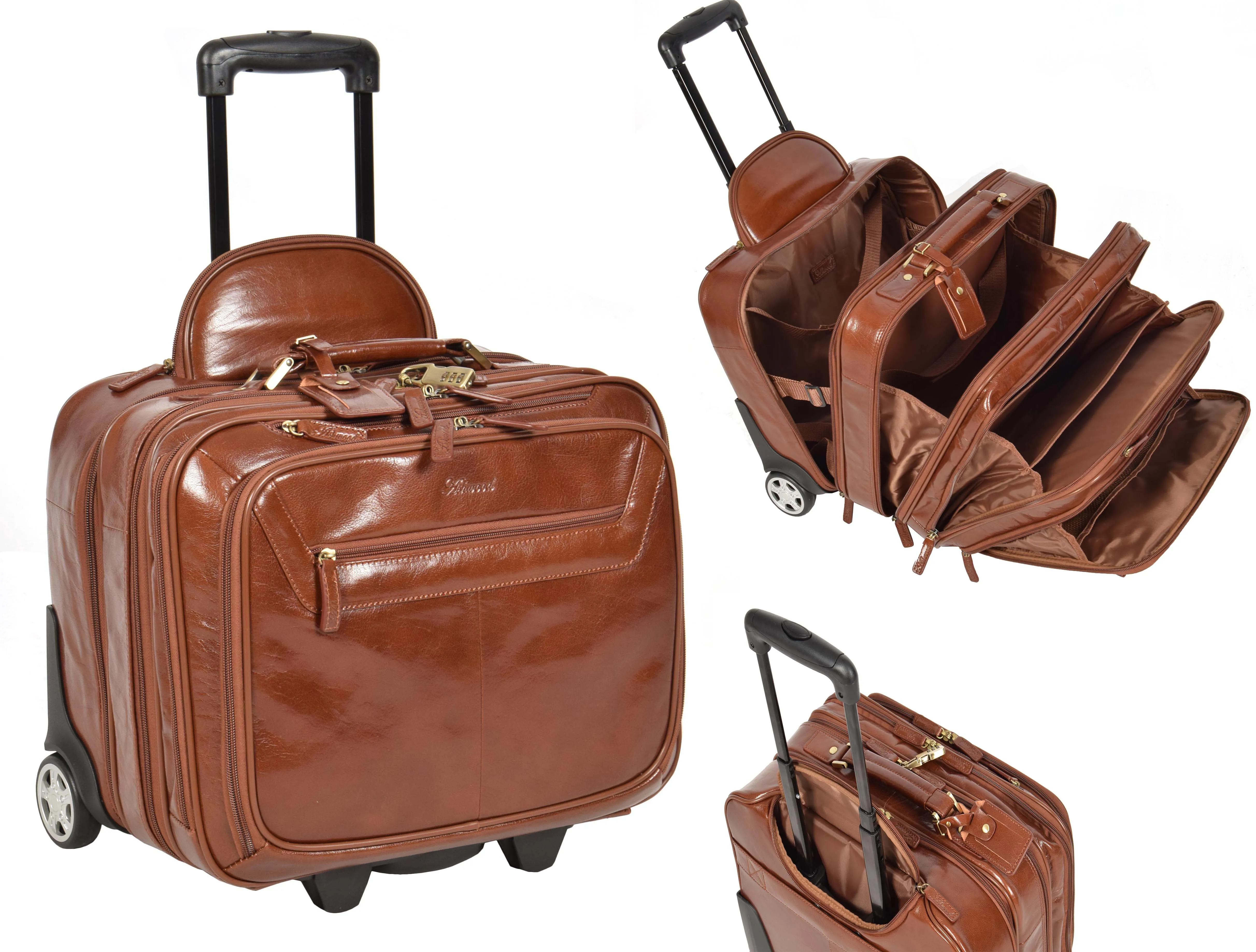 Real Leather Pilot Case Trolley Bag Laptop Business Travel Weekend Cabin Bag AL1 Chestnut