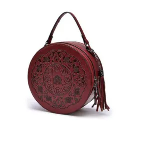 Red Leather Handbag Round Embossed