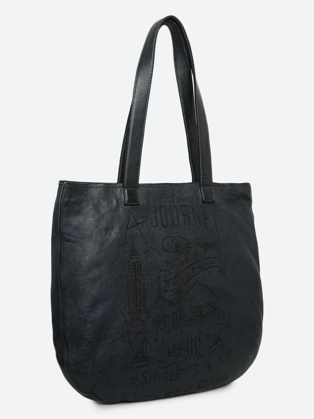 Rhoda: Navy Blue Leather Shopper With Lazer Quote