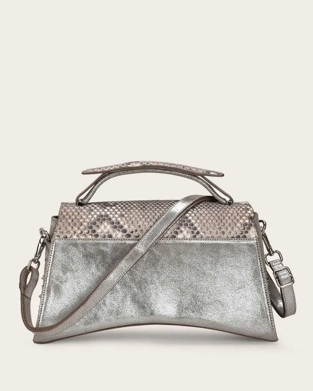 Silver top handle handbag