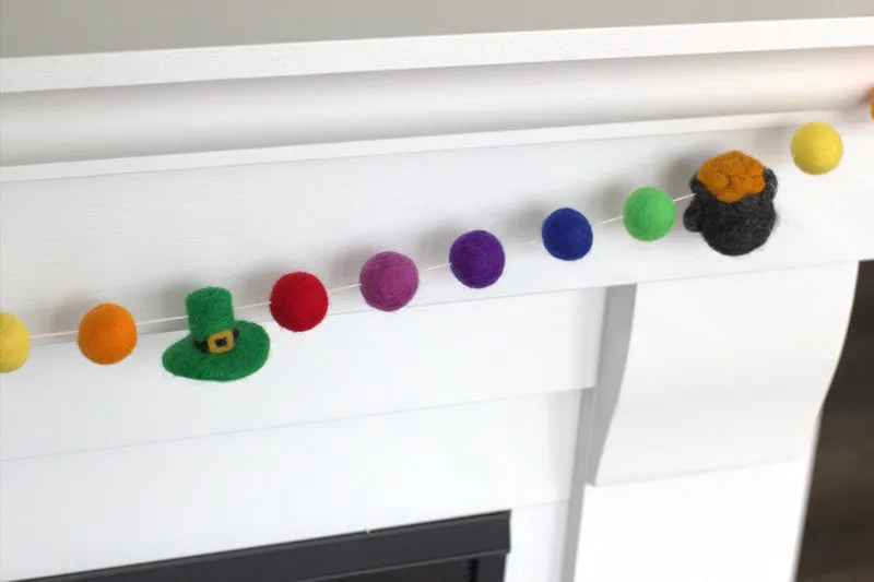 St. Patrick's Day Pot of Gold & Leprechaun Felt Ball Garland- Rainbow