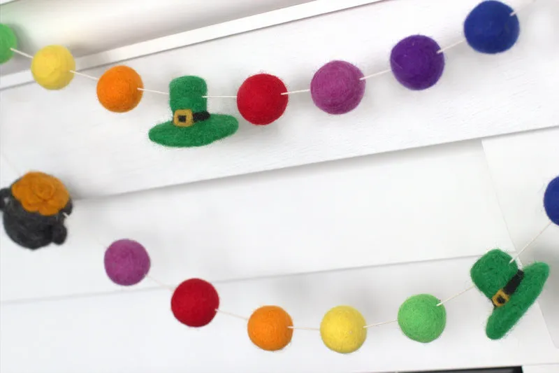 St. Patrick's Day Pot of Gold & Leprechaun Felt Ball Garland- Rainbow