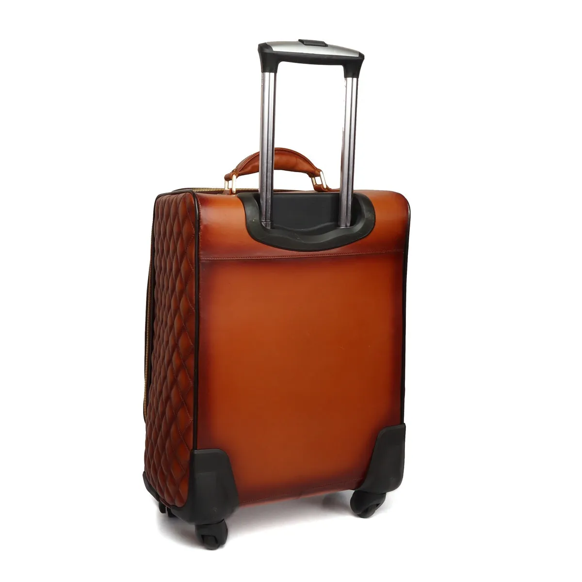 Tan Leather Diamond Stitched Quad Wheel Trolly Bag by Brune & Bareskin