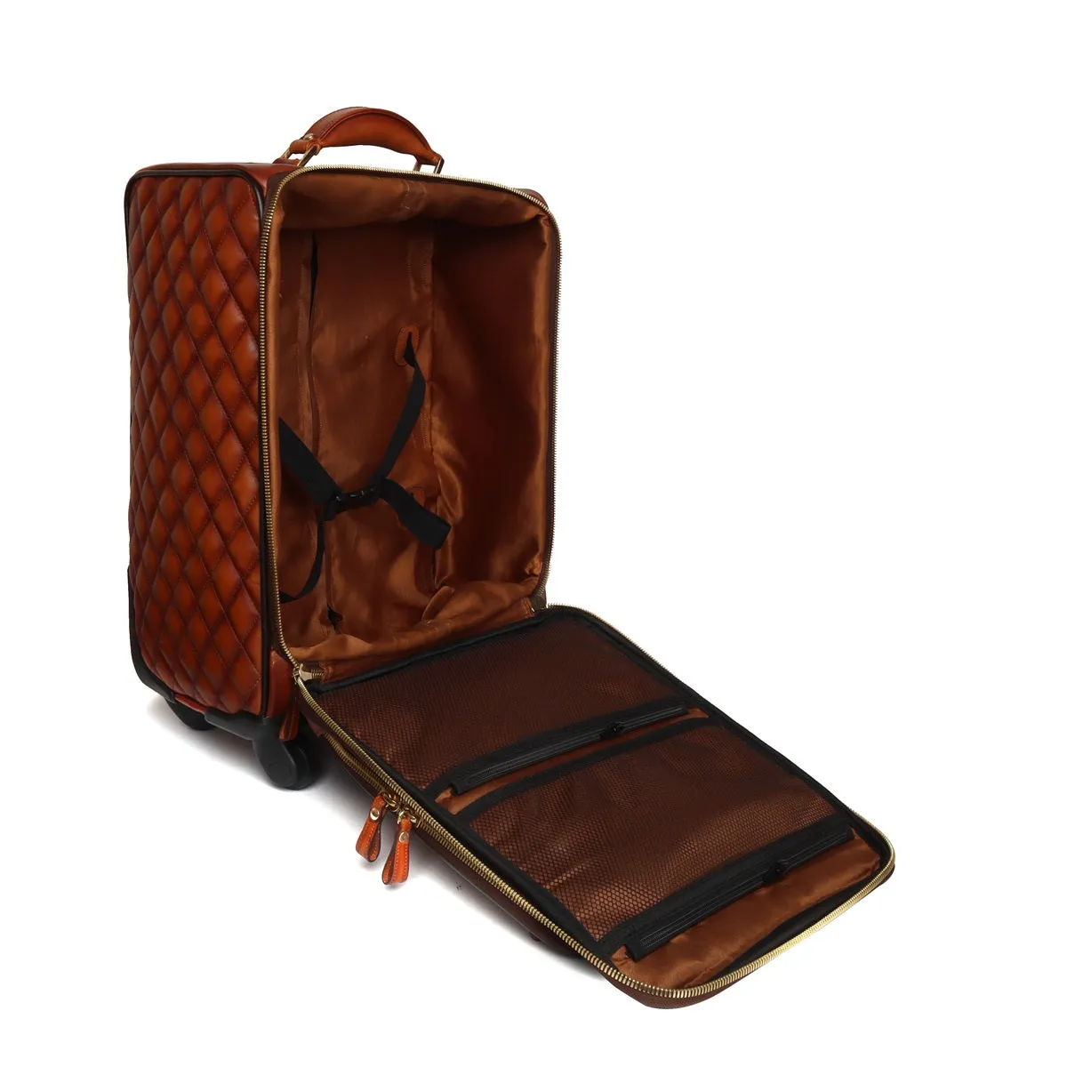 Tan Leather Diamond Stitched Quad Wheel Trolly Bag by Brune & Bareskin