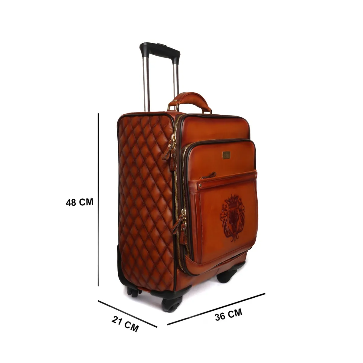 Tan Leather Diamond Stitched Quad Wheel Trolly Bag by Brune & Bareskin