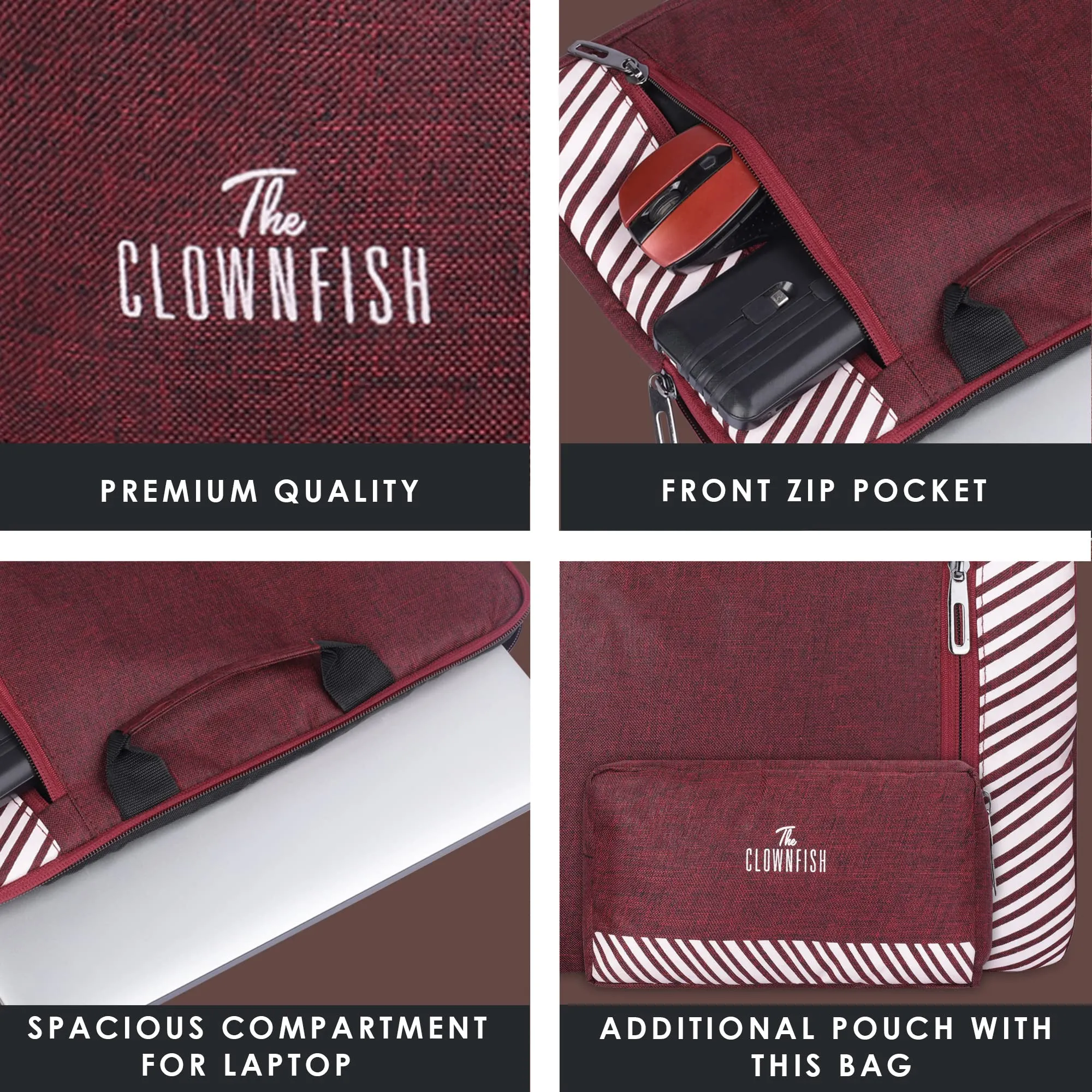 The Clownfish Combo of Rex Series Polyester 15.6 inch Laptop Sleeve with Comfortable Carry Handle & Scholar Series Multipurpose Polyester Travel Pouch Pencil Case Toiletry Bag (Maroon)