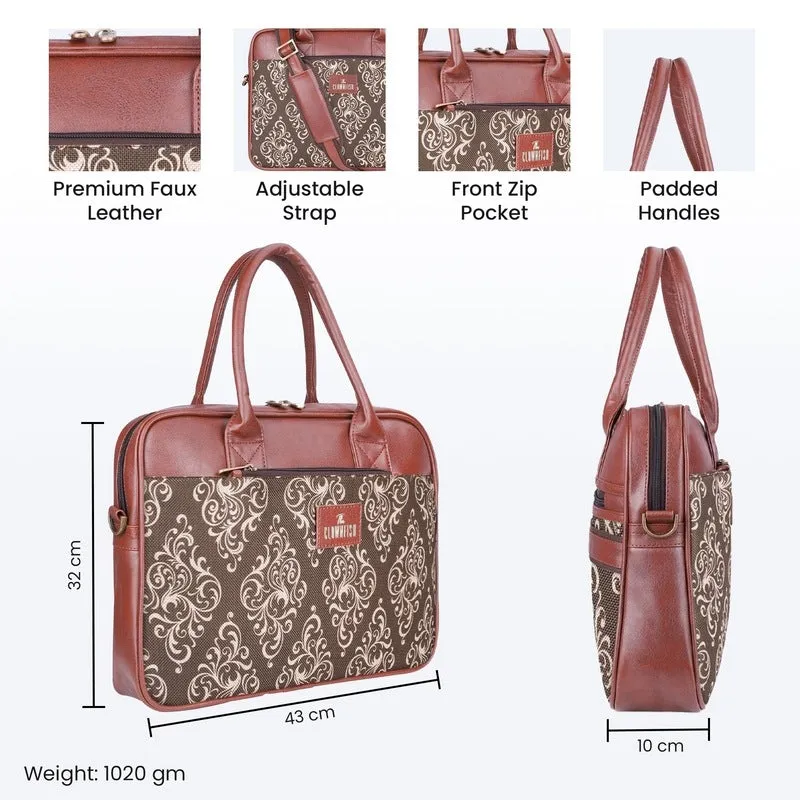 THE CLOWNFISH Deborah series 15.6 inch Laptop Bag For Women Printed Handicraft Fabric & Faux Leather Office Bag Briefcase Messenger Sling Handbag Business Bag (Brown)