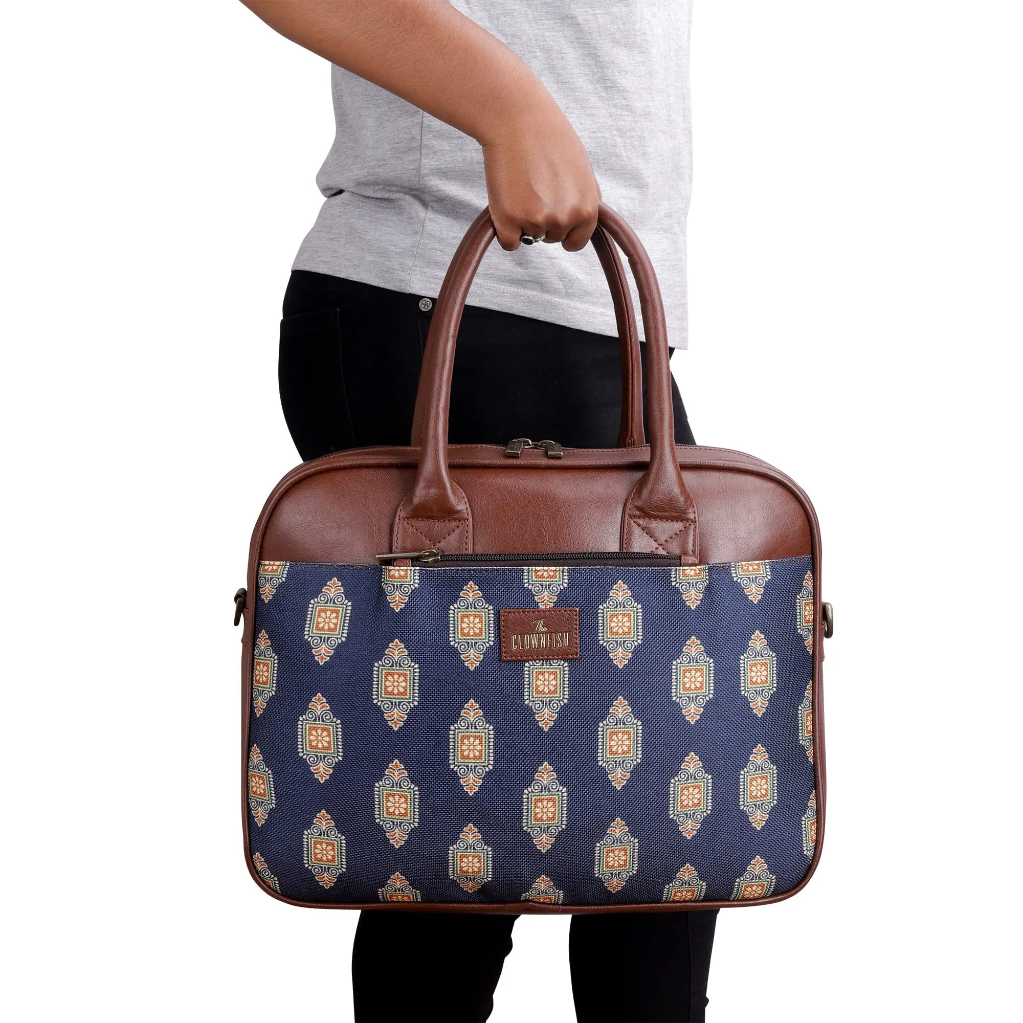 THE CLOWNFISH Deborah series 15.6 inch Laptop Bag For Women Printed Handicraft Fabric & Faux Leather Office Bag Briefcase Messenger Sling Handbag Business Bag (Dark Blue)