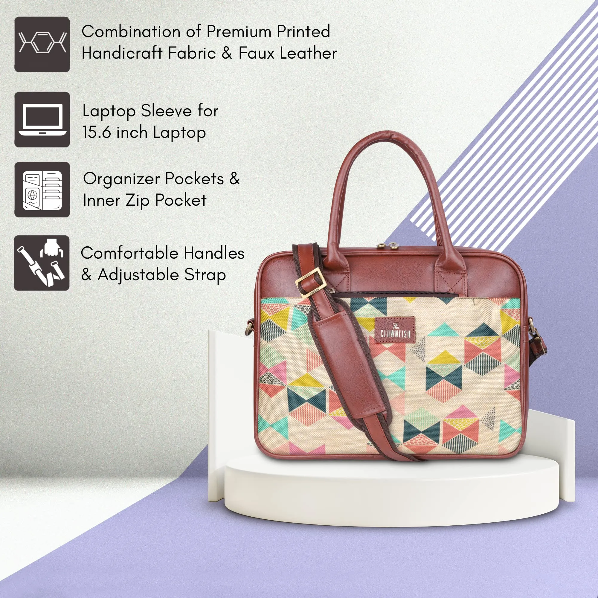 The Clownfish Deborah series 15.6 inch Laptop Bag For Women Printed Handicraft Fabric & Faux Leather Office Bag Briefcase Messenger Sling Handbag Business Bag (Multicolour)