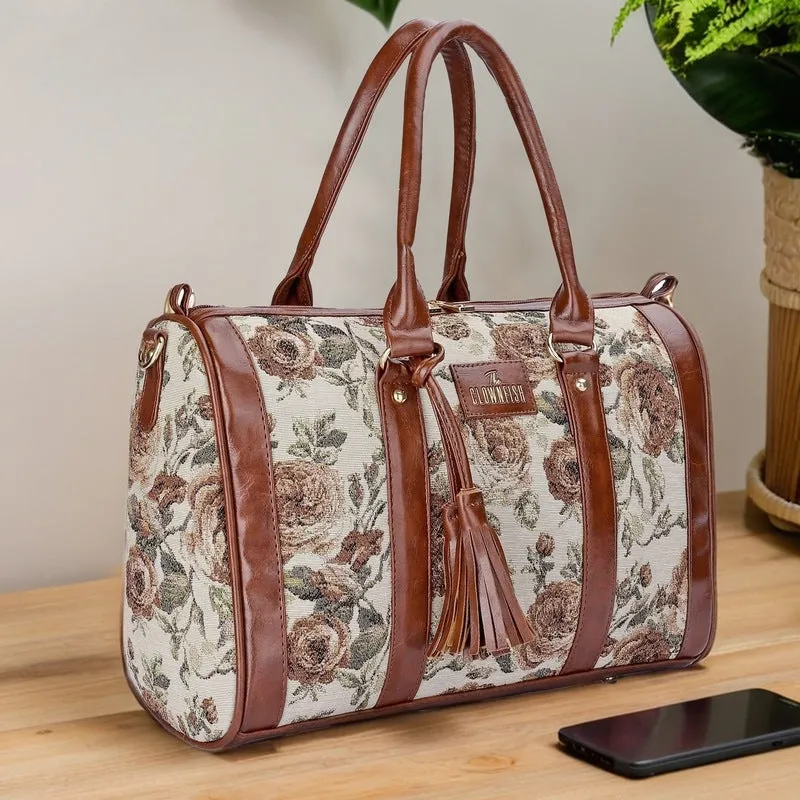 THE CLOWNFISH Lorna Tapestry Fabric & Faux Leather Handbag Sling Bag for Women Office Bag Ladies Shoulder Bag Tote For Women College Girls (Brown-Floral)