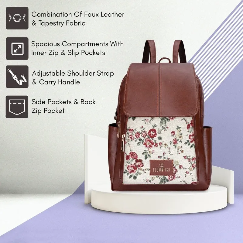 THE CLOWNFISH Medium Size Minerva Faux Leather & Tapestry Womens Standard Backpack College School Bag Casual Travel Standard Backpack For Ladies Girls (White- Floral), 10 Litre