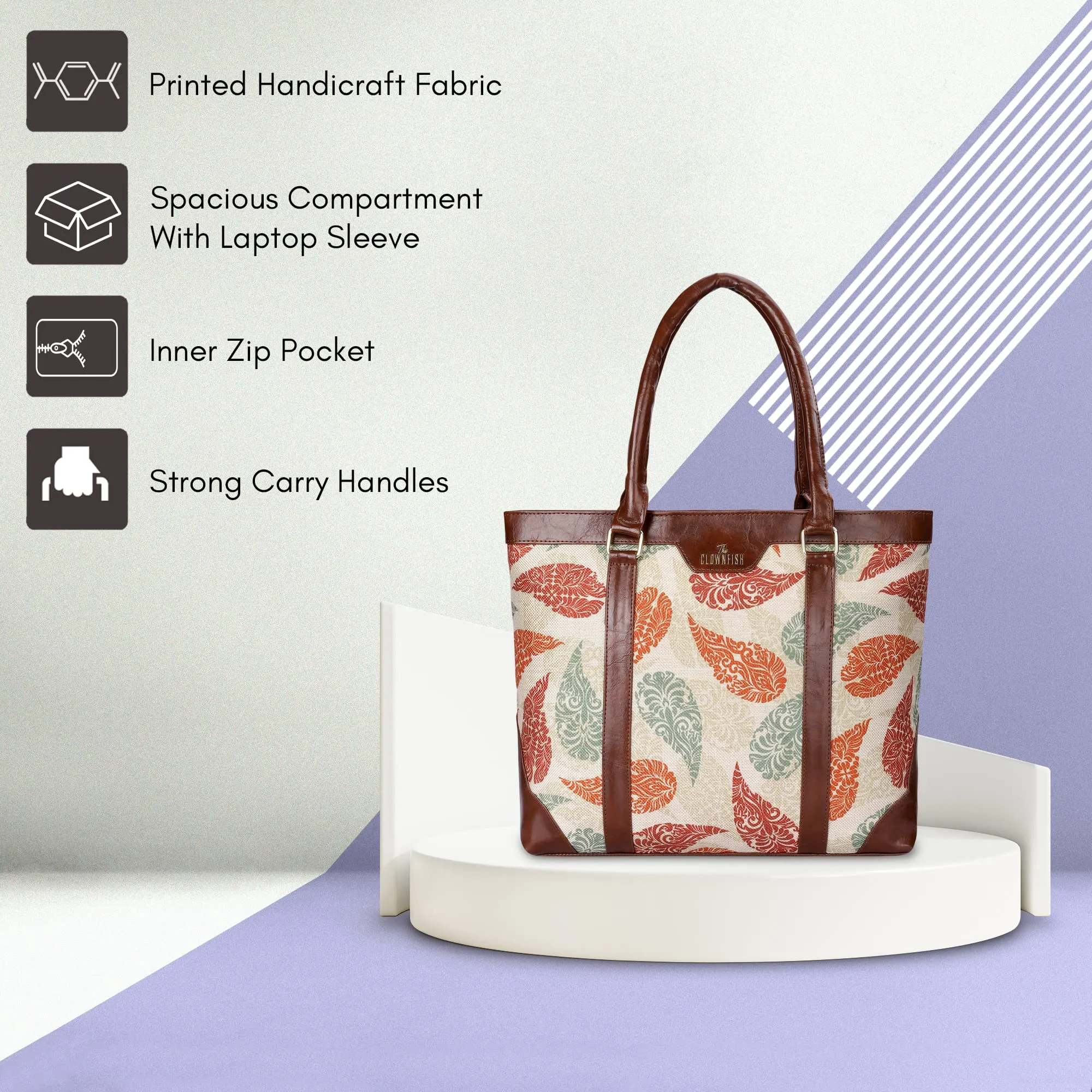 THE CLOWNFISH Miranda Series 15.6 inch Laptop Bag For Women Printed Handicraft Fabric & Faux Leather Office Bag Briefcase Hand Messenger bag Tote Shoulder Bag (Cream-Leaf Print)