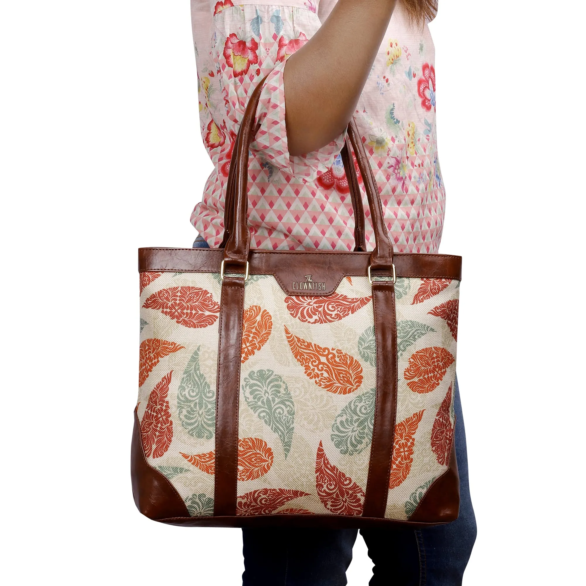 THE CLOWNFISH Miranda Series 15.6 inch Laptop Bag For Women Printed Handicraft Fabric & Faux Leather Office Bag Briefcase Hand Messenger bag Tote Shoulder Bag (Cream-Leaf Print)