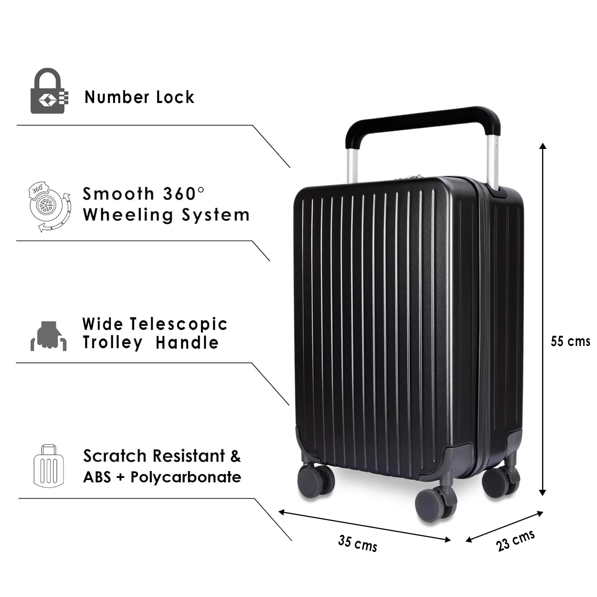 THE CLOWNFISH Trolley Bags for Travel | ABS and Polycarbonate Suitcase | Hard Sided Cabin Luggage Bag with 8 Silent Wheels for Travel | TSA Lock, 360 Degree Rotation | 20 Inch/55cm | Black