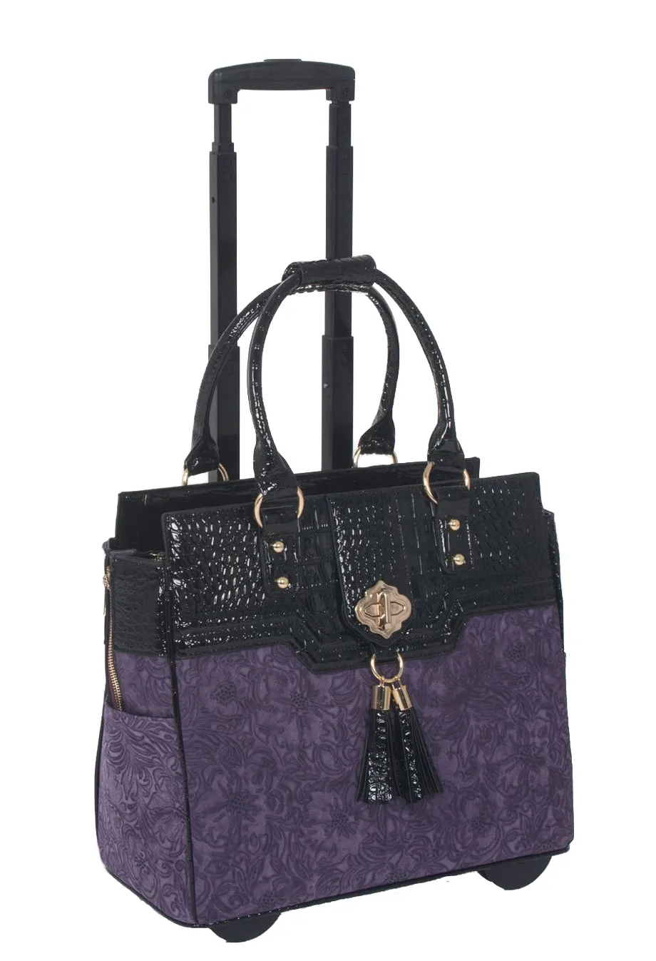 THE CONTESSA Purple & Alligator Rolling Laptop Carryall Trolley Bag