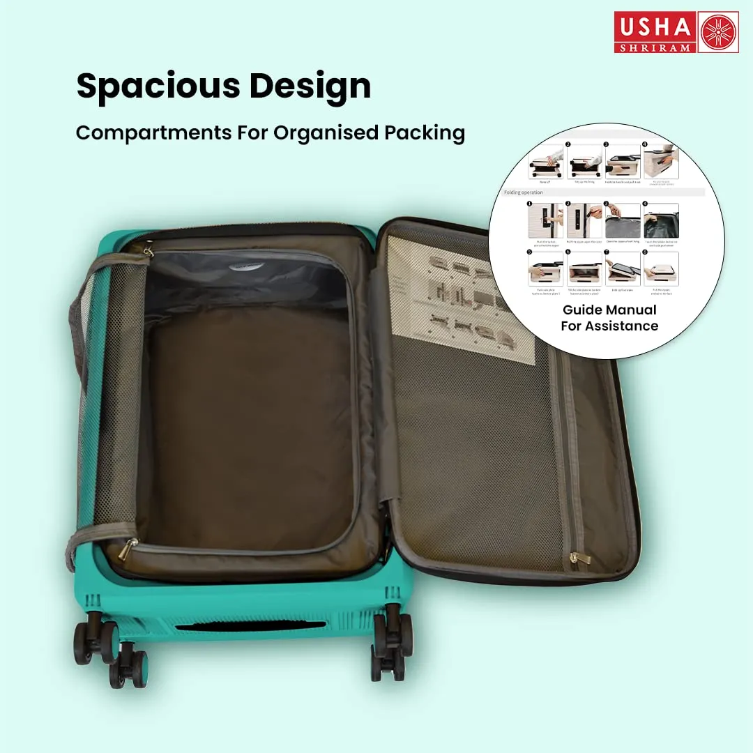 USHA SHRIRAM Cabin & Check-in Bag (2Pcs- 55cm & 65cm) Collapsible Luggage Bag| Light Mint | Suitcase for Travel | 360 Degree Wheel | Foldable Trolley Bag for Travel | Trolley Bag(Pack of 2)