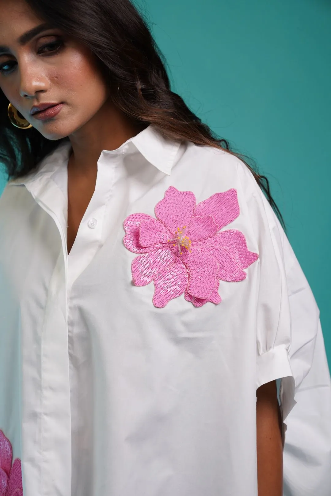 White Anti-Fit shirt with Poppy Pink Flowers